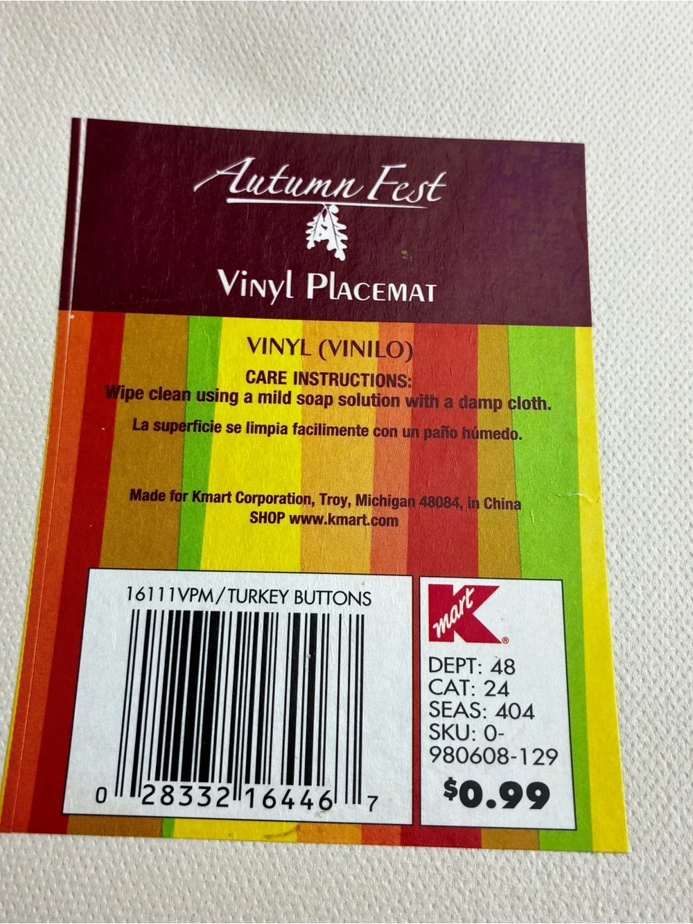 Autumn Fest Thanksgiving Vintage 90’s K-Mart Turkey Vinyl Placemats